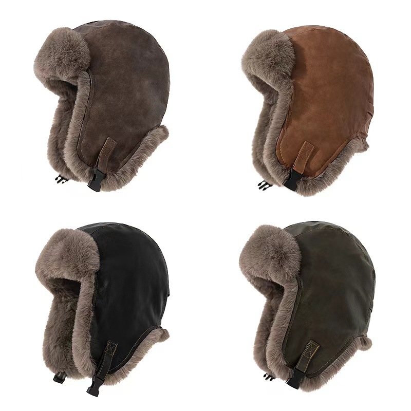 Trapper Hat Ear Flap - หมวกหนังผู้ชายสไตล์เรโทรสำหรับฤดูหนาว 1 ชิ้น หมวกนักบิน หมวกทหาร พร้อมที่ปิดหู